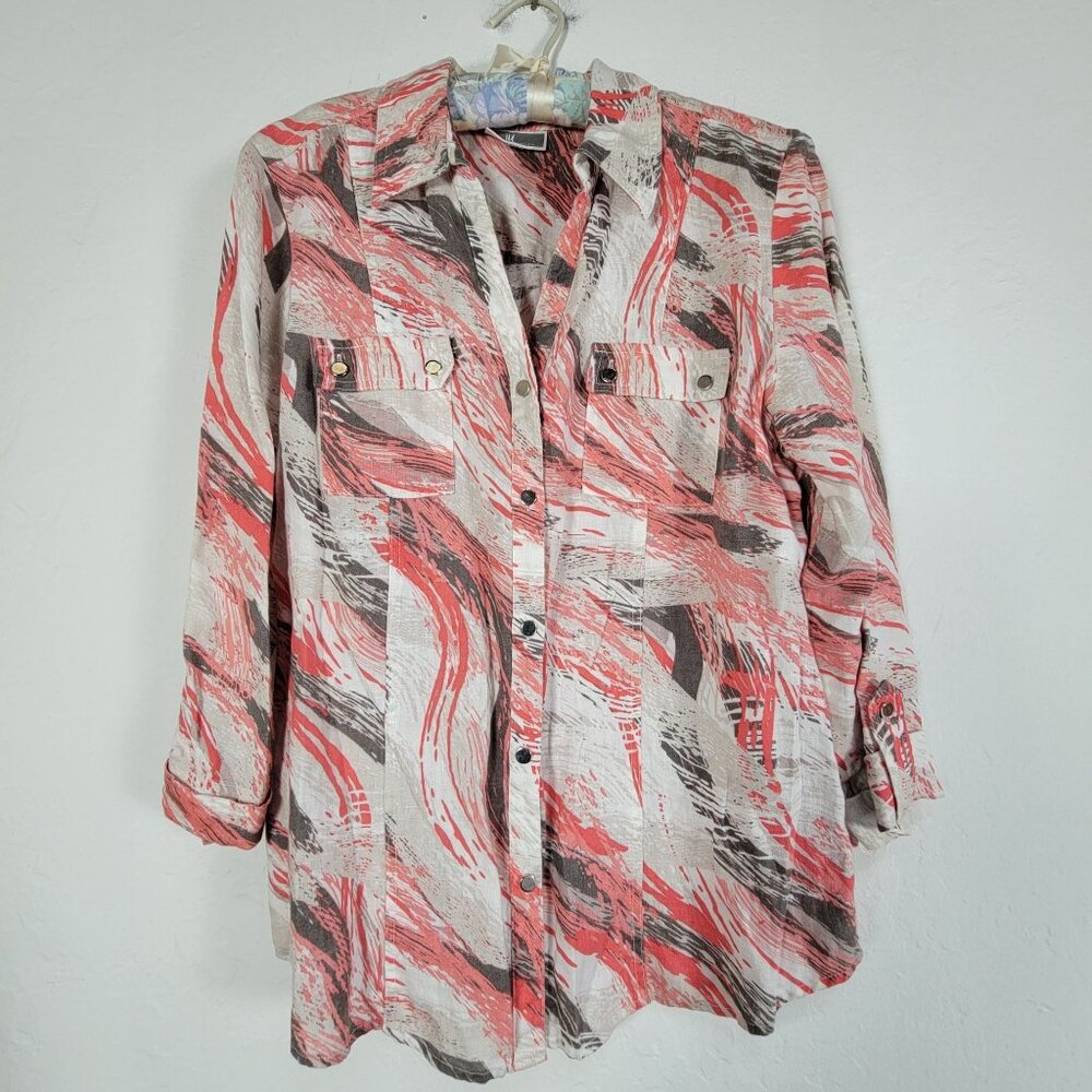 JM Collection Womens Abstract Print Linen Button-Up Shirt Roll-Tab Sleeve Casual